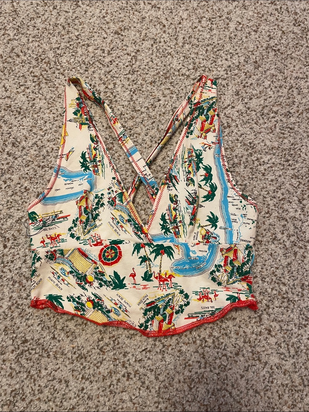 BDG Tropical Print Cropped V-Neck Camisole - Cream, Green, Blue, Red
